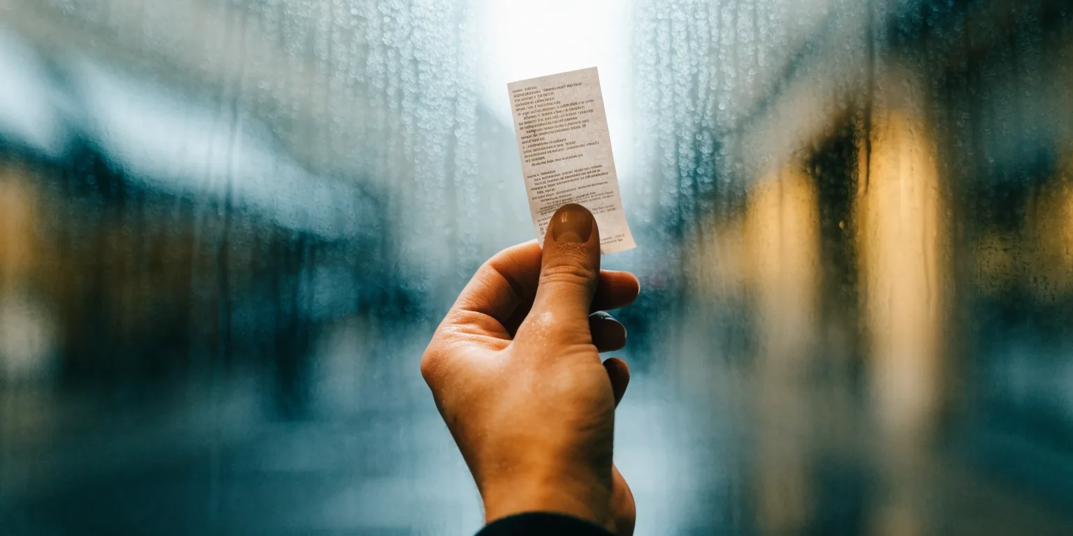 A paper receipt held between two fingers against a rain-streaked window with the street out of focus