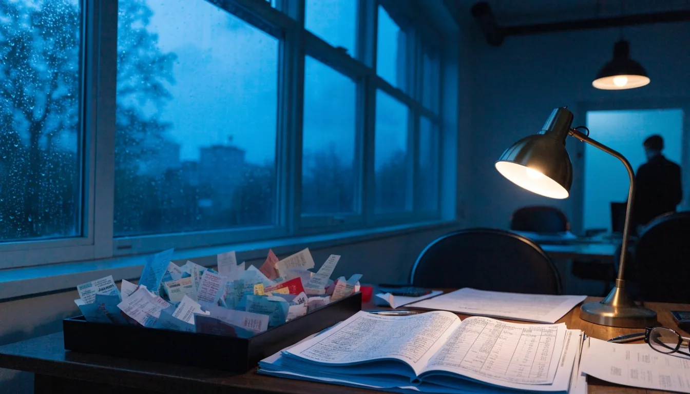A small accounting office at blue hour, one lamp lit over an open paper ledger and a tray of receipts