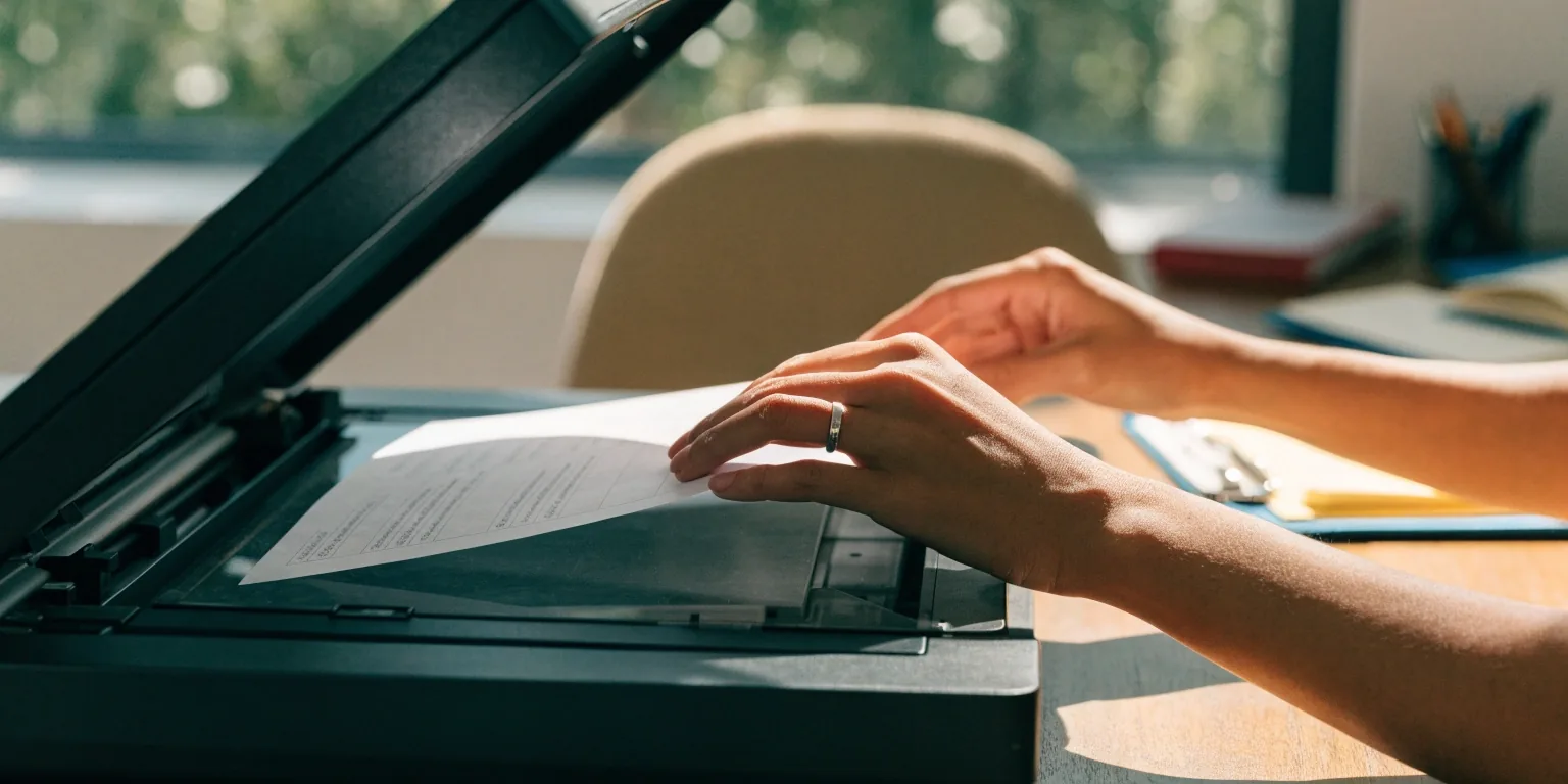 A paper tray of blank supplier invoices with an approval stamp resting beside it on a bookkeeper's desk