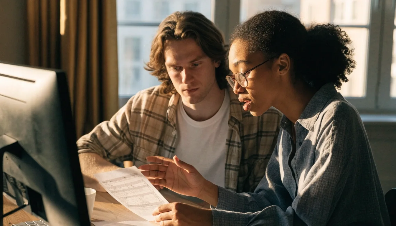 Two colleagues at an office table reviewing a printed vendor bill together in warm afternoon light