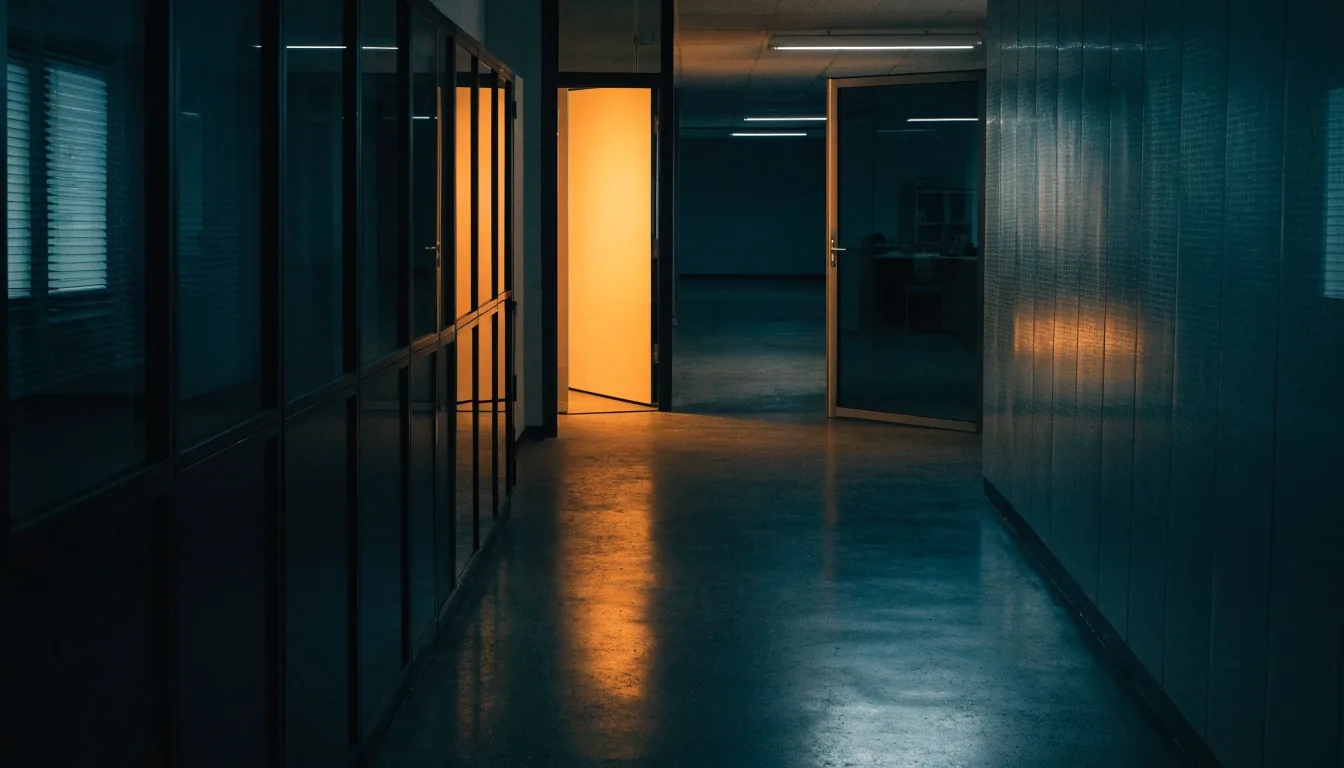 An empty office corridor at night with one door ajar and warm light spilling onto the floor