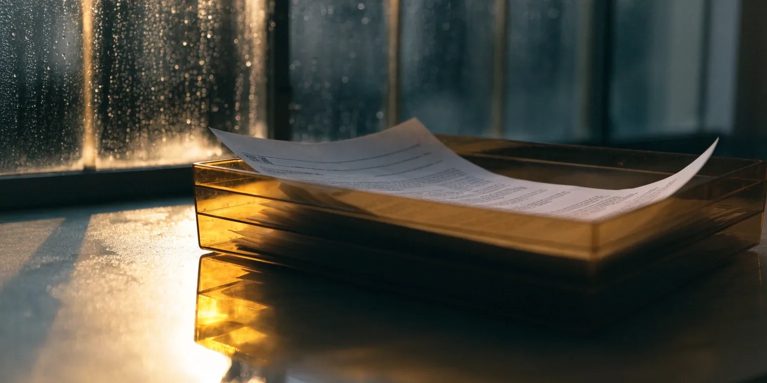 A paper statement in a desk tray lit from the left