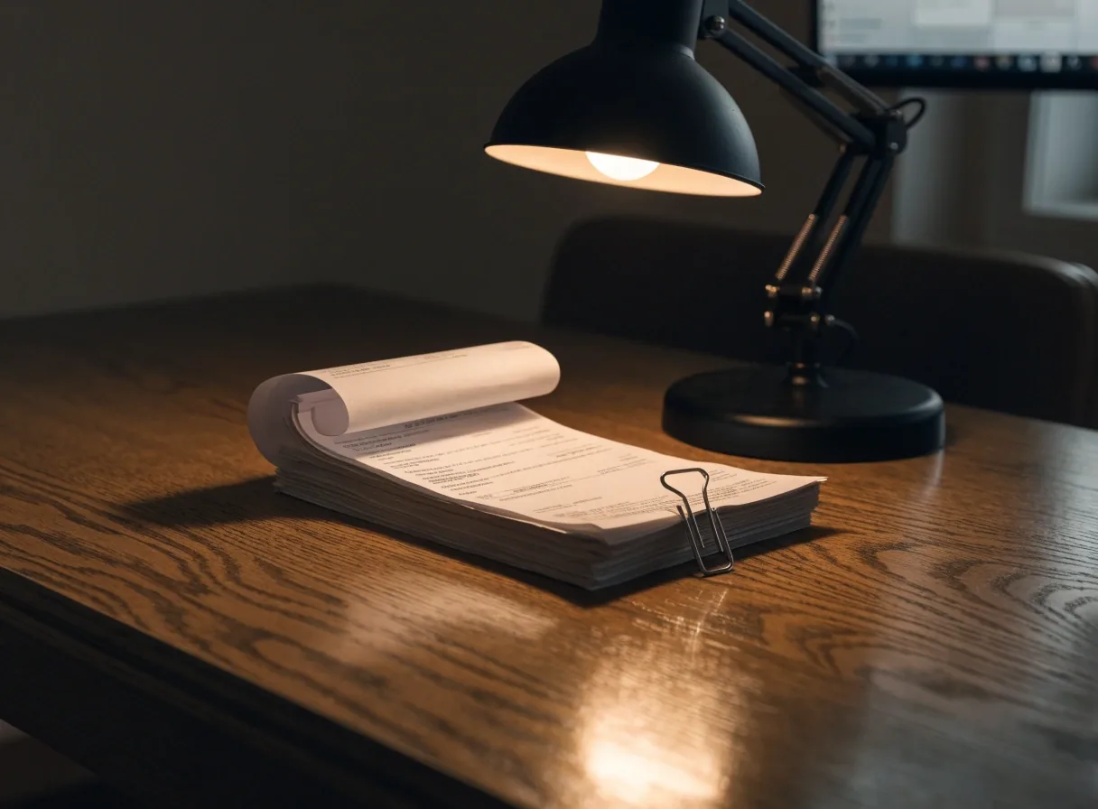 A stack of paper receipts beside an open ringed binder under a single lamp