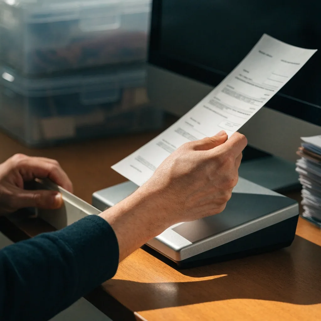 A bookkeeper scanning an uncoded invoice beside a binder of statements