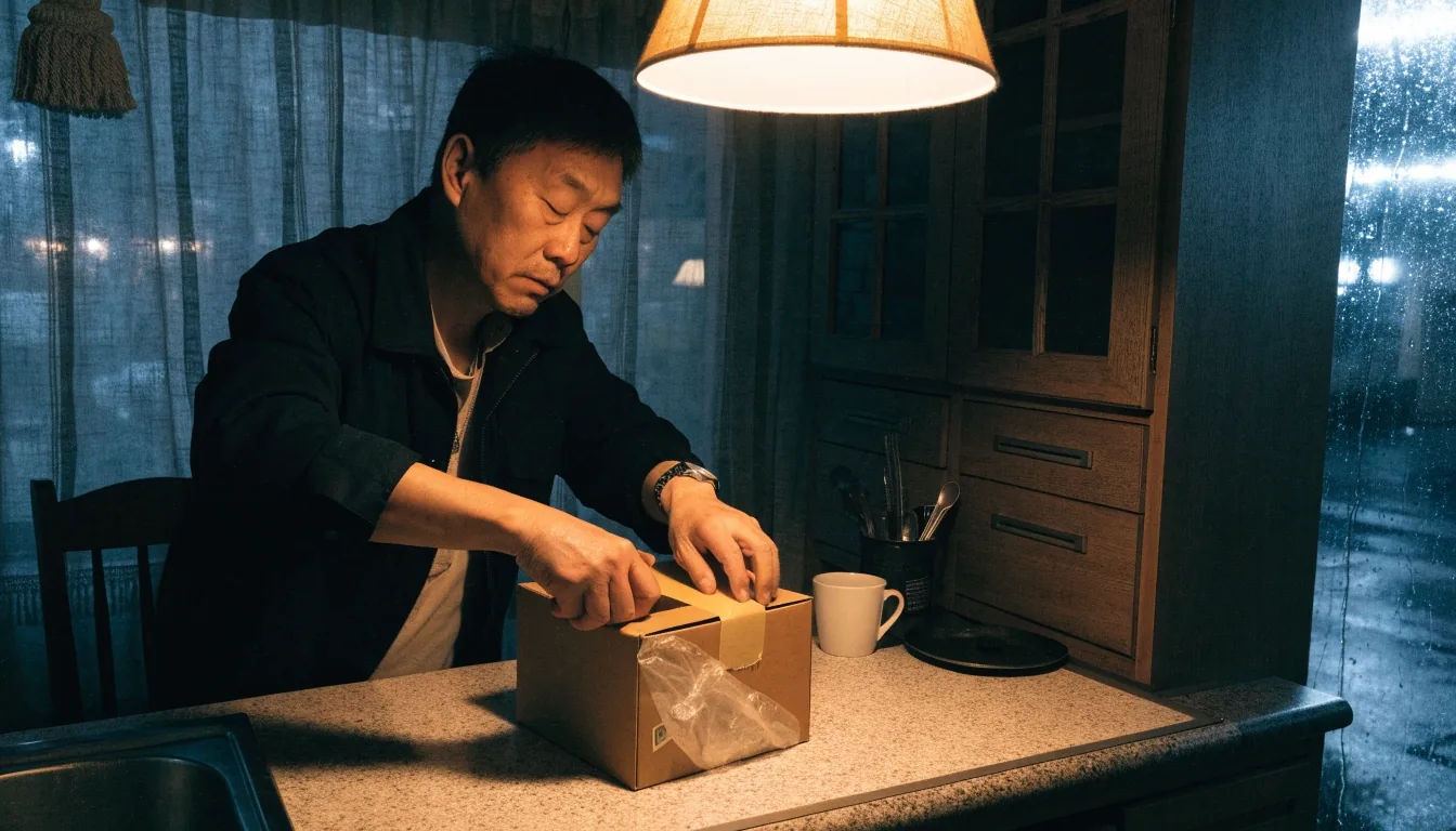 Receipts and invoices spread across a rain-lit kitchen table at midnight, one pale screen glow at the edge