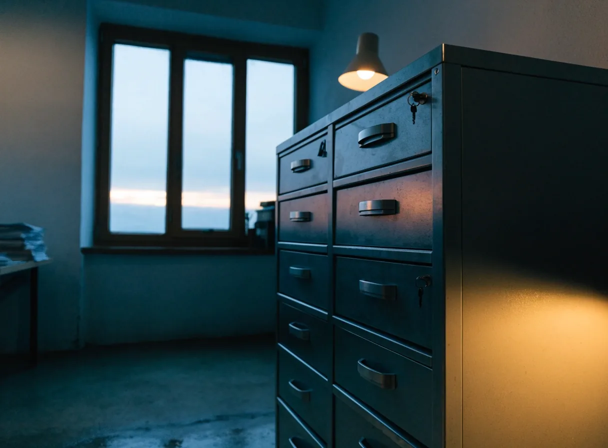 A small accounting office at blue hour with one lamp lit over a binder of statements