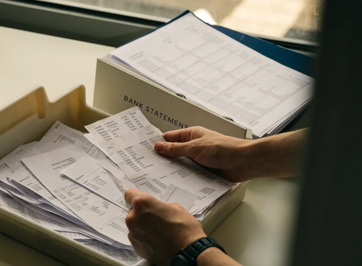 Hands sorting a tray of loose paper receipts and uncoded invoices beside a binder of bank statements on a bookkeeper's desk